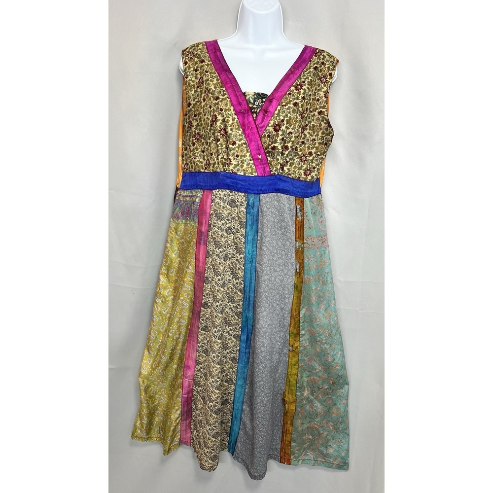 Greater Good Midi Dress Recycle Silk 2XL Women's Multicolor Distressed Nepal‎